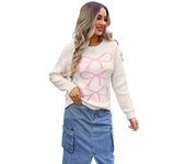 Kawaii Bow Pattern Knitted Sweater for Women, Fashionable Long Sleeve Crew Neck Haruku New Pullover