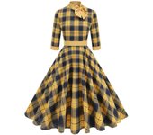 2025 New Mock Neck Bowknit Plaid 1950s Retro Women's 3/4 Long Sleeve Autumn/Winter Elegant Pocket Midi Ds
