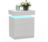 Rcynview White LED Bedside Table with 3 Drawers, Storage Table and Top Light, RGB LED Light, Metal Guides.