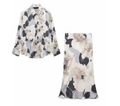 Conjunto de dos piezas de falda midi de cintura alta para mujer, blusas y camisas de satén
