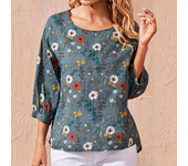 Camisa informal de talla grande para mujer, top holgado con manga acampanada y cuello redondo con estampado floral, top informal de oficina para mujer