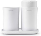 Brabantia - ReNew Juego de 3 Accesorios de Baño - Dispensador de Jabón, Soporte para Cepillo de Dientes & Bandeja - Mecanismo de Bombeo Antigoteo - Resistente a la Corrosión - Soft Beige