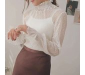 Mesh  Womens Elegent ing Puff Long-sleeved Blouses O-neck Polka Dot Office Ladies Shirts Tops 2022