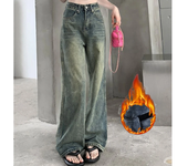 Woman High Waist Streetwear Thicken Flare Jeans Female  Clothes Elegant Thermal Pants Girls Gothic Blue Yellow Denim Trousers