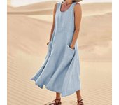 Summer Pocket Sleeveless Crew Neck Women's Cotton and Linen Dress