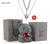 Luxury Hot Red Zircon Heart & Dagger Pendant Double Couple Necklace Set with Real Preserved Rose & Teddy Bear – Romantic Jewelry Gift for Mother’s Day, Valentine’s Day, Birthday & Anniversary