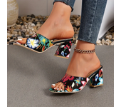 Women's Flower Pattern Block Heeled Sandals Square Toe Dress Pumps Stylish Slip On Heels