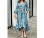 Women's Long Dress Flap Belt, Stylish Garment with Flashlight Sleeve, Vintage Style, Spring and Summer, 2024
