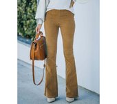 2024 Women's Solid Color High Waist Slim Fit Flared Pants Corduroy Elastic Waist Casual Pants