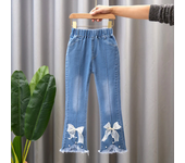 2024 New Autumn Elastic Kids Jeans Girls Cute Leisure Bow Denim Blue Children Flared Pants teenage Girl Clothes Trousers 3-12Y