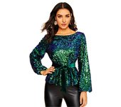 Women's Sparkle Sequin Tops Shimmer Glitter Long Sleeve Fit Shirts