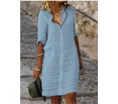 New Loose Fit Turn-down Collar Button Mid-sleeve Solid Color Cotton Linen Shirt Dress