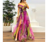 2025 Casual Pleats Women's Long Dresses New Summer Mesh Printed Lady Evening Fashion Strapless Slim Fit Split Party Dress