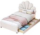 Cama tapizada cama infantil 90 x 200 cm (sin colchón), somier con cabecero floreado y somier de láminas, con 2 compartimentos para guardar cosas, cama de niña-cama de huéspedes de tejido de terciopelo agradable a la piel, beige