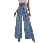 Women's Floral Printed Wide Leg Nine Lengths Long Pants, Elastic, Loose, High Waist, Lightweight, Summer, New