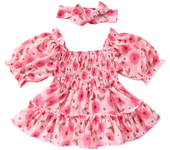 Toddler Baby Girls Floral Print Ruffle Short Sleeved Jumpsuit + Headband Children's Clothing Summer Sweet and Casual Romper