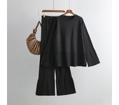 BGTEEVER Stylish Warm Ladies 2 Pieces Knitted Set O-neck Flare Sleeve Pullovers Sweaters & High Waist Split Wide Leg Pants