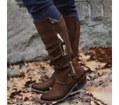 Botas de mujer de encaje hasta la rodilla Botas de mujer de goma flocado tacón cuadrado zapatos bajos Botas Botas de invierno de hebilla Tamaño 42