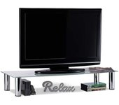relaxdays Mueble TV de Cristal, Mesa Televisión, Vidrio y Metal, 100 x 35 x 17 cm, Blanco y Plateado