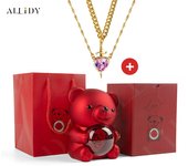 Luxury Hot Red Zircon Heart & Dagger Pendant Double Couple Necklace Set with Real Preserved Rose & Teddy Bear – Romantic Jewelry Gift for Mother’s Day, Valentine’s Day, Birthday & Anniversary