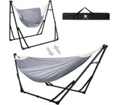 Anyoo Hamaca y Silla Hamaca de Algodón con Soporte Plegable, Set de Soporte de Hamaca Portátil de Doble Uso para Hamacas de Interior y Exterior Jardín Terraza Patio Camping Cubierta