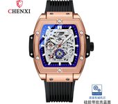 Cubo de vino cuadrado reloj mecánico automático calado fondo traslúcido banda de silicona resistente al agua reloj de hombre luminoso