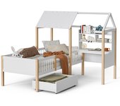 90 x 200 cm children's bed with fall-out protection and slatted frame, L-shaped desk and bookshelf, drawers with wheels, multifunctional house bed made of solid wood, white