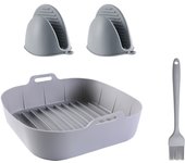 Original® 2 In 1 Premium Air Fryer Accessories - Silicone SQUARE [21CM] Pan Mold - Silicone Basket - Silicone Oil-Free Fryer Tray，Grey