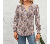 Plus size casual shirt, fully printed lantern sleeve V-neck top, with pleats on the chest, waist cinching slim fit shirt