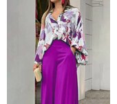 Spring Autumn Print Pant Sets Women Fashion Temperament Casual Loose Two Piece Set Flared Sleeve Shirts Wide Leg Pants Lady Suit