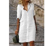 New Loose Fit Turn-down Collar Button Mid-sleeve Solid Color Cotton Linen Shirt Dress