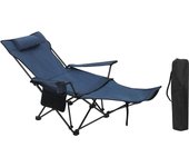 Silla Camping Plegable, Tumbona Camping Portátil con Portavasos, Reposacabezas y Bolsa Lateral, Marco de Acero, Carga Máxima 150 kg, para Picnic, Playa, Jardín, Pesca, Azul