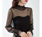 Mesh  Womens Elegent ing Puff Long-sleeved Blouses O-neck Polka Dot Office Ladies Shirts Tops 2022