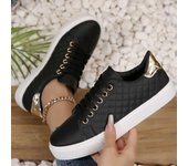 Zapatillas De Mujer Con Cordones Vulcanizados,Zapatillas De Tenis De Plataforma,Cómodas Zapatillas Planas Casuales,Negro Blanco
