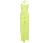 BUNO-vestido con volantes y borlas para mujer, prenda con cuello Halter, Espalda descubierta, abertura abierta, fruncido, cadera de melocotón, ceñido al cuerpo, boda, fiesta de noche