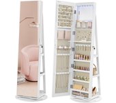 Espejo Joyero con 6 LEDs, Armario de Joyas de Giro de 360°, Organizador de Joyería Giratorio, sin Marco, Espejo Completo, 3 Estantes, Superficie Blanco, Forro Greige JJC007W02