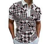 Men's 3D black and white checkered printed polo shirt, casual lapel business T-shirt, retro zipper short sleeved golf jersey,