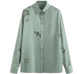 OUWU-  Ropa Transfronteriza Para Mujer, Venta Al Por Mayor, Camisa De Manga Larga De Satén De Seda Bordada + Traje De Pantalones