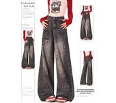 Pantalones vaqueros góticos de gran tamaño para mujer, Jeans negros y rosas cruzados, pantalones vaqueros estéticos sueltos de gran tamaño Harajuku coreanos de los años 2000