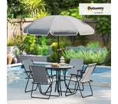Conjunto de Mesa y Sillas Jardín de 6 Piezas Muebles de Jardín Exterior con 4 Sillas Plegables Mesa de Vidrio y Sombrilla para Terraza Patio Gris