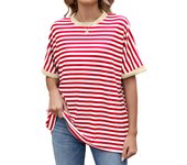Primavera y verano nueva camiseta de manga corta suelta con cuello redondo de color en contraste a rayas top mujer