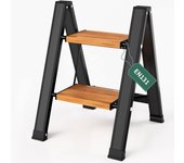 plegable, 2 peldaños, plegable, de aluminio, portátil, antideslizante, hasta 150 kg, diseño de vetas de madera para cocina, baño, camping