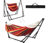 Hamaca de Algodón con Soporte Plegable, Set de Soporte de Hamaca Portátil de Doble Uso para Hamacas de Interior y Exterior Jardín Terraza Patio Camping Cubierta