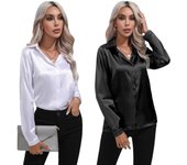 2 Pack Women Daily Long Sleeve Blouse Lapel Pullover Basic Shirt Black and White S