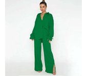 Autumn Winter Solid Color Pants Sets Women Leace-up Flared Sleeve Shirts Slit Wide Legs Trousers Two Piece Set Female Streetwear