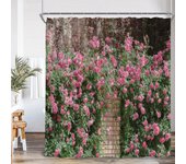 Green Vines Bath Curtains Green Leaves Wall Bathroom Decorations Pink Flowers Nature Scenery Polyester Bath Curtains with Hooks