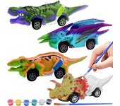 4pcs Painting Pull Back Car Dinosaur Toys, Unpainted Dino Race Cars with 6 Paint Colors and 1 Paintbrush DIY Art Crafts Kits for Christmas Birthday Party Gift