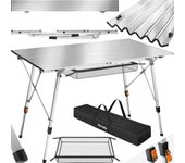 Mesa Camping Plegable con Altura Ajustable, Mesa Auxiliar de Aluminio con Topes, Mesa Exterior para Jardín, Terraza, Picnic, con Red Almacenamiento y Bolsa de Transporte, 120x70,5x79 - Plata