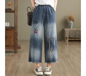 Nine point cotton wide leg embroidered jeans, women's high waisted, ruffled, loose fitting oversized straight leg casual pants