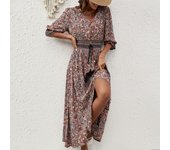 Vestido Largo Bohemio con Estampado Floral,Escote V con Detalles de Botones y Mangas 3/4,Pliegues en la Cintura para Ajuste Perfecto,Tejido Vaporoso y Transpirable,Ideal para Playa o Eventos Casuales
